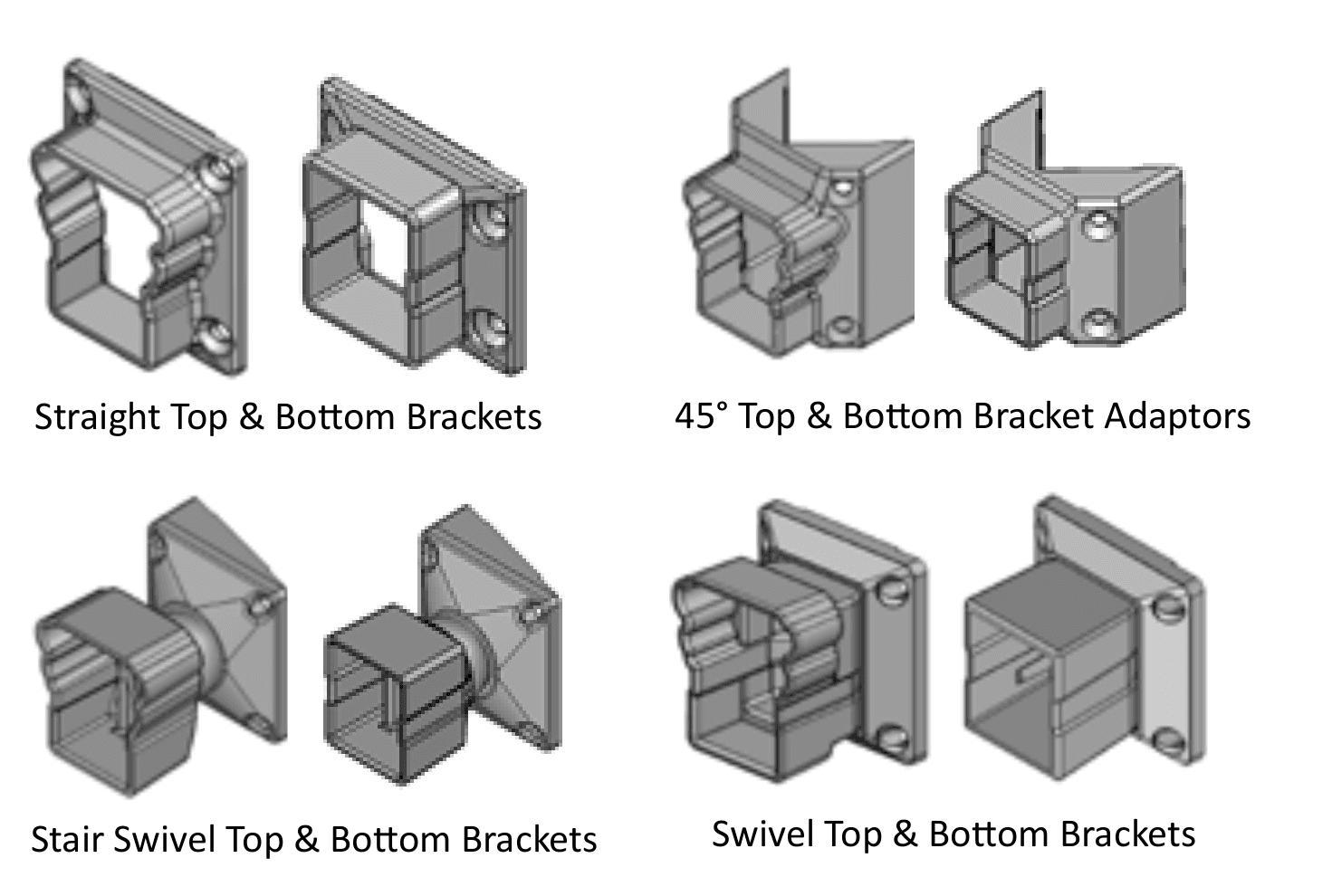 Hart Series railing bracket options: straight top and bottom brackets, 45 degree top and bottom bracket adaptors, stair swivel top and bottom brackets, and swivel top and bottom brackets