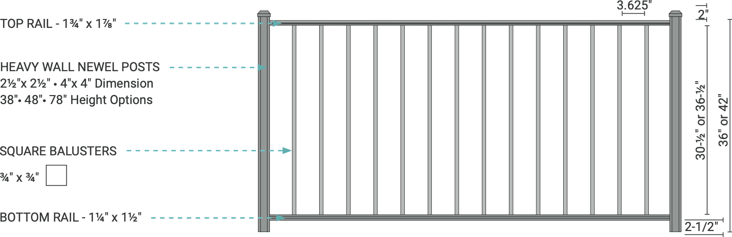 Hart Series railing panel dimensions: top rail 1¾ by 1⅞ inches, bottom rail 1¼ by 1½ inches, ¾-inch square balusters, heavy-wall newel posts 2½ and 4 inch in 38, 48 and 78 inch heights, 36 or 42 inch railing height