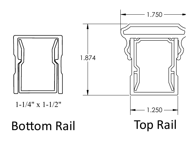 Hart Series rail profile specs: bottom rail 1¼ by 1½ inch box section, and top rail crowned section measuring 1.750 inch wide by 1.874 inch tall with a 1.250 inch base — both vinyl-lined