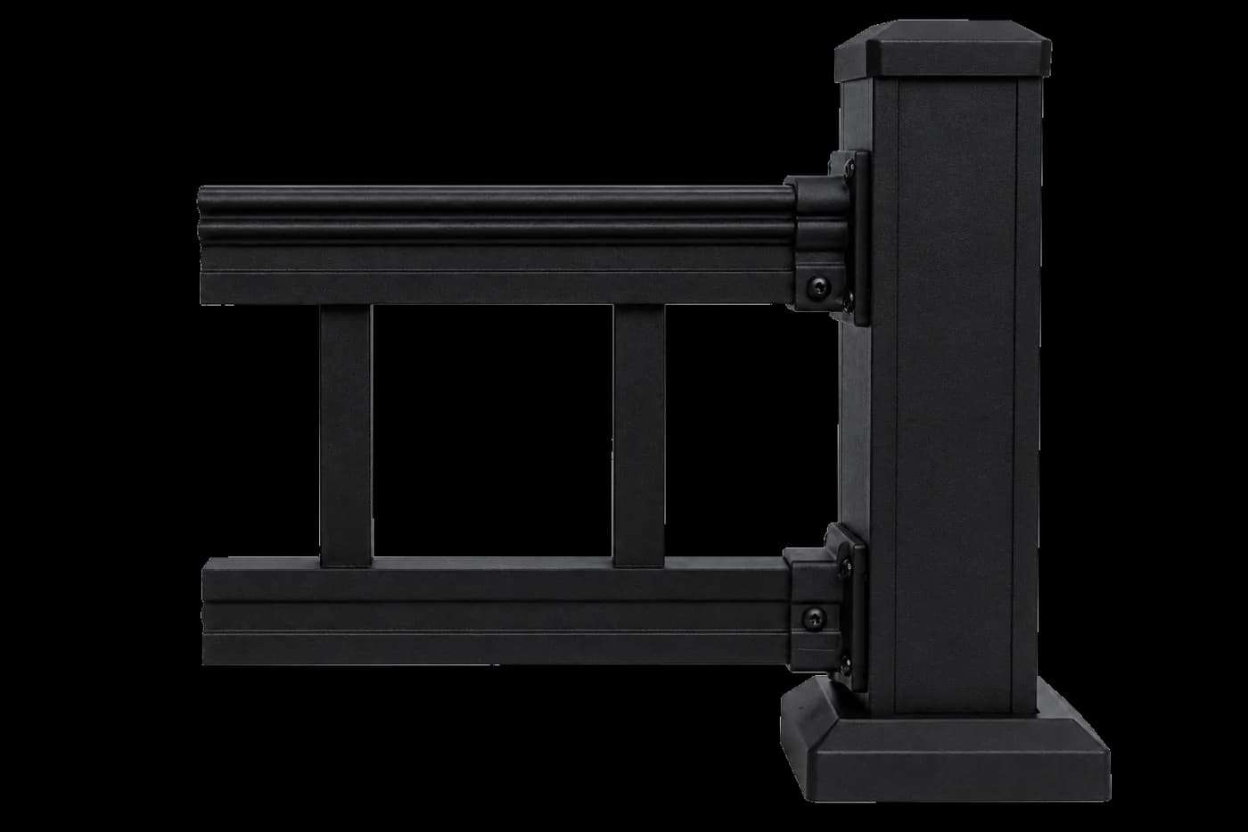 Hart Series aluminum railing in matte black powder coat mounted to a newel post with base, shown in side profile