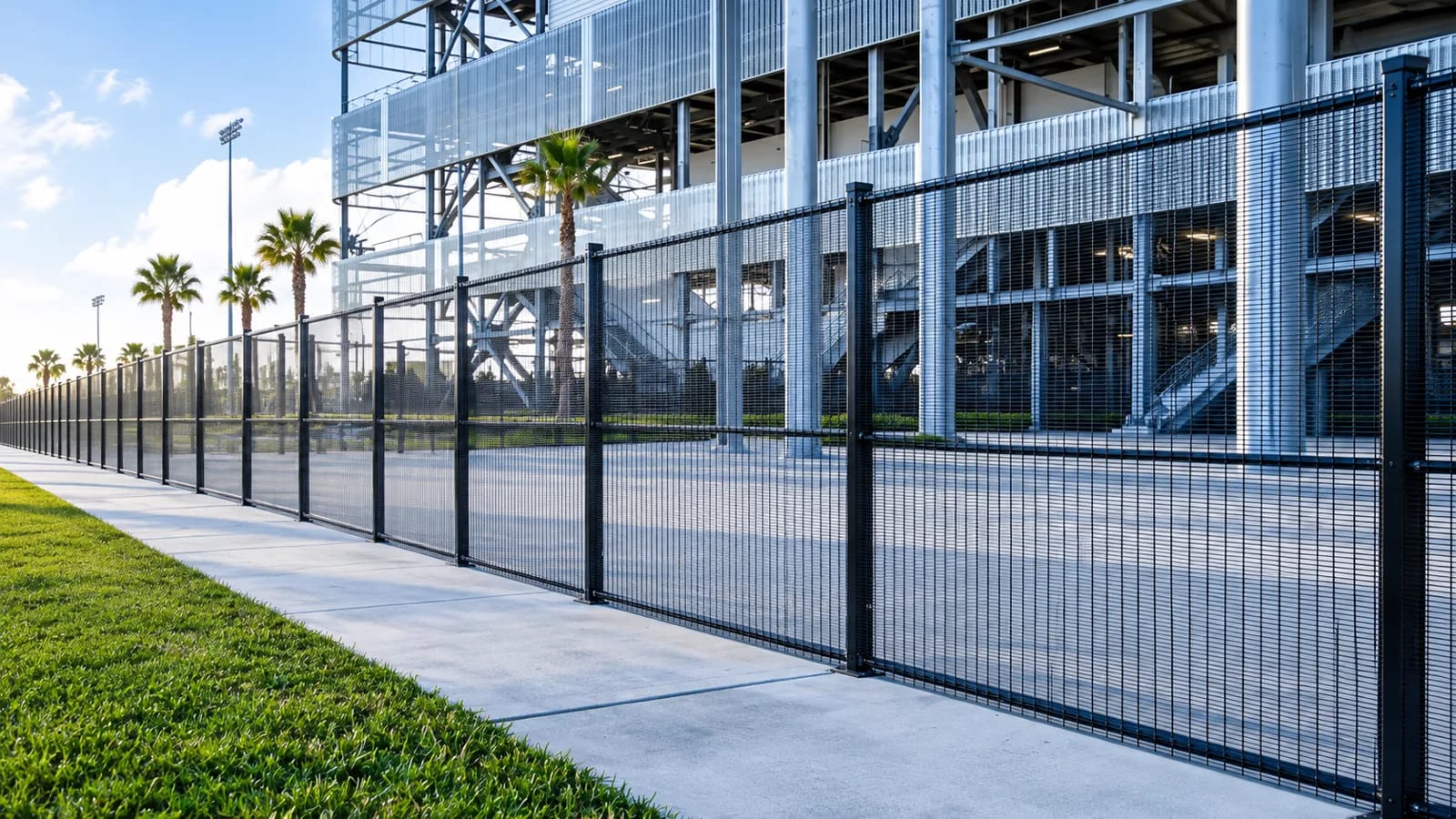 Black anti-climb welded mesh security fence along a stadium perimeter