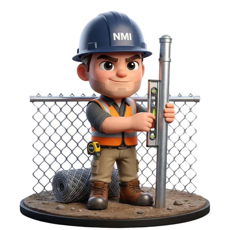 NMI Fence contractor mascot holding a fence post and level